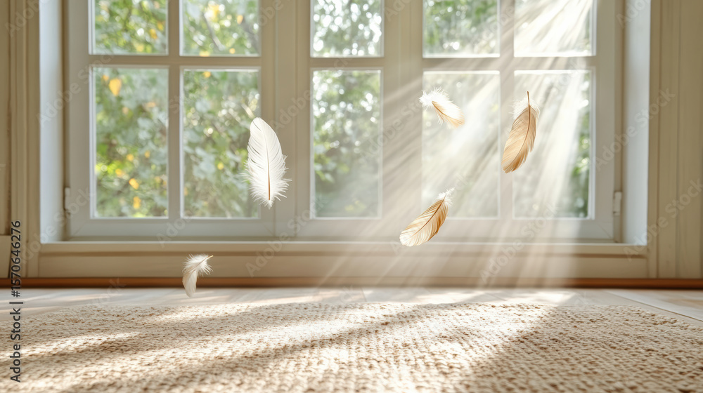 Poster feathers falling gently onto textured carpet illuminated by sunlight streaming through window