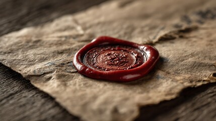 A red wax seal rests solemnly on vintage parchment over oak table. Faint fingerprints suggest history in the making. This isn't just stationery  truth sealed in crimson. 
