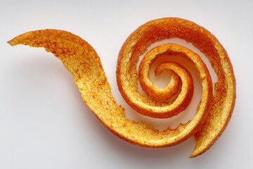 Close up of a spiral orange peel on a white background showing texture and vibrant color detail