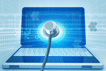 Medical stethoscope and computer laptop. healthcare and technology background. 3d illustration