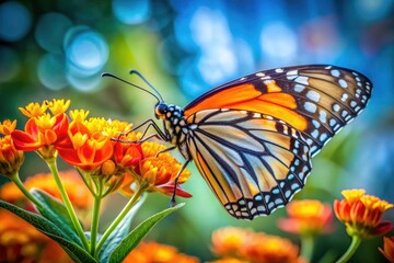 Fototapeta premium Long exposure captures a vibrant monarch butterfly's ethereal dance atop a bright orange flower.