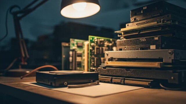 Obsolete Technology: Stack of Hard Drives and Circuit Boards Under Desk Lamp