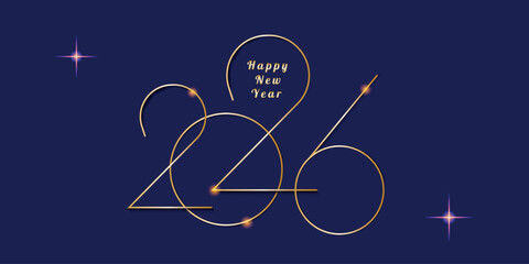 2026 new year luxury banner. Gold numbers, star, light on deep blue background. Card for print, web design. Vector illustration 