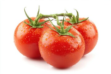 A vibrant image showcasing three ripe tomatoes still on the vine with water droplets on a white background