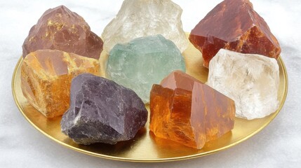 Discover Assorted Mineral Specimens on Gold Plate with Geological Theme