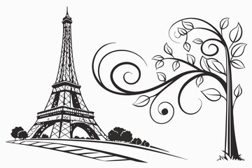 Obraz premium eiffel tower, ornate metal structure, detailed architectural design, french landmark, paris skyline, silhouette, simple yet elegant, black and white,