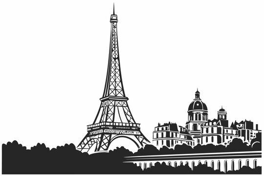  eiffel tower, ornate metal structure, detailed architectural design, french landmark, paris skyline, silhouette, simple yet elegant, black and white,