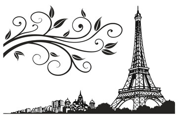 Obraz premium eiffel tower, ornate metal structure, detailed architectural design, french landmark, paris skyline, silhouette, simple yet elegant, black and white,