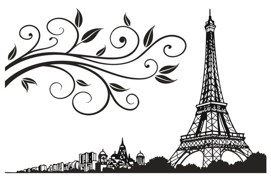   eiffel tower, ornate metal structure, detailed architectural design, french landmark, paris skyline, silhouette, simple yet elegant, black and white,