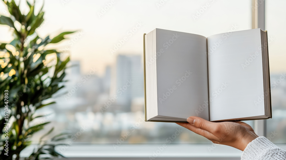 Poster open book held in hand, soft light illuminating scene near window with blurred city background