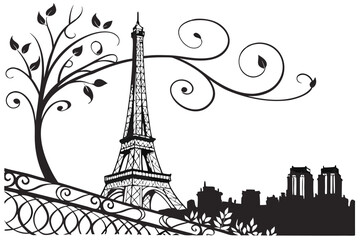 Fototapeta premium eiffel tower, ornate metal structure, detailed architectural design, french landmark, paris skyline, silhouette, simple yet elegant, black and white,