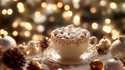 Enjoying A Cup Of Warm Chocolate With Marshmallows In Winter Season And Christmas Theme