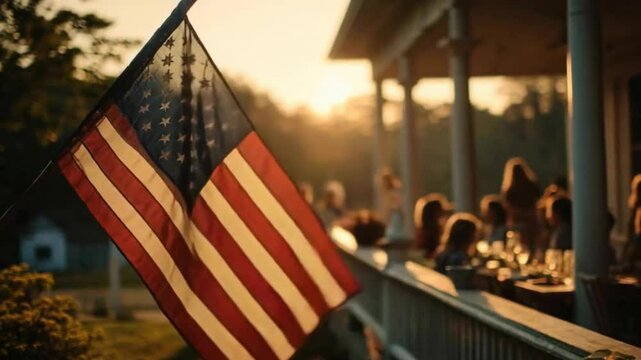An American flag is prominently displayed in the foreground as a warm sunset casts an inviting glow over a gathering of people enjoying a meal on a porch.