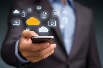 A businessman using a smartphone with digital cloud and app icons representing cloud computing and mobile data synchronization