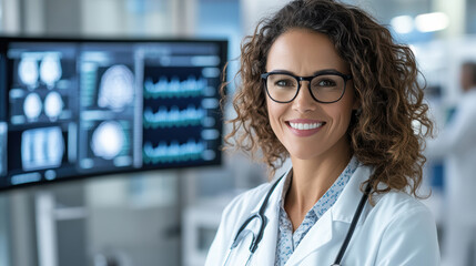Healthcare professional smiling confidently in medical environment with digital charts displayed