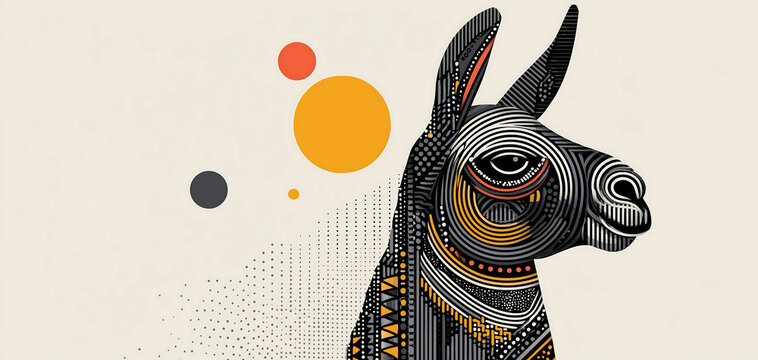 Mandala art of a Llama symbolizing wisdom and spirit with bold black lines on a light background and colorful accents, showcasing cultural essence