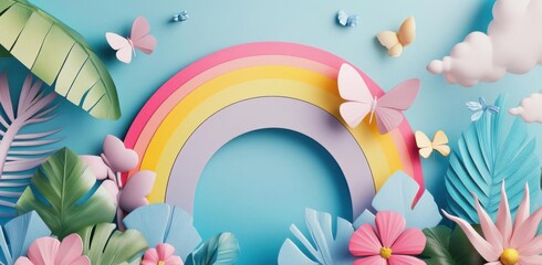 Pastel Rainbow Frames Butterflies and Flowers for Springtime Celebration and Pastel Theme