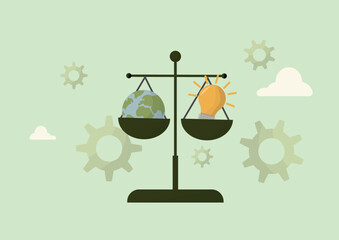 Environmental Balance Scale with Earth and lightbulb symbolizing renewable energy. Environmental equilibrium concept. Flat style. Earth day. Energy power. Clean electric energy. Vector illustration