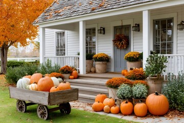 Pumpkins decorating a farmhouse porch for autumn festivities