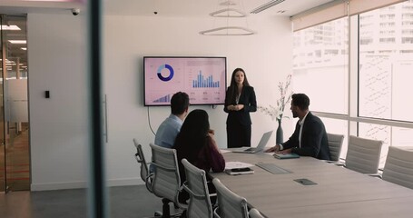 Positive young Latin speaker woman presenting sales infographics to team of colleagues, partners, stakeholders meeting at table, pointing at marketing data on board, speaking. Panoramic candid view - Powered by Adobe