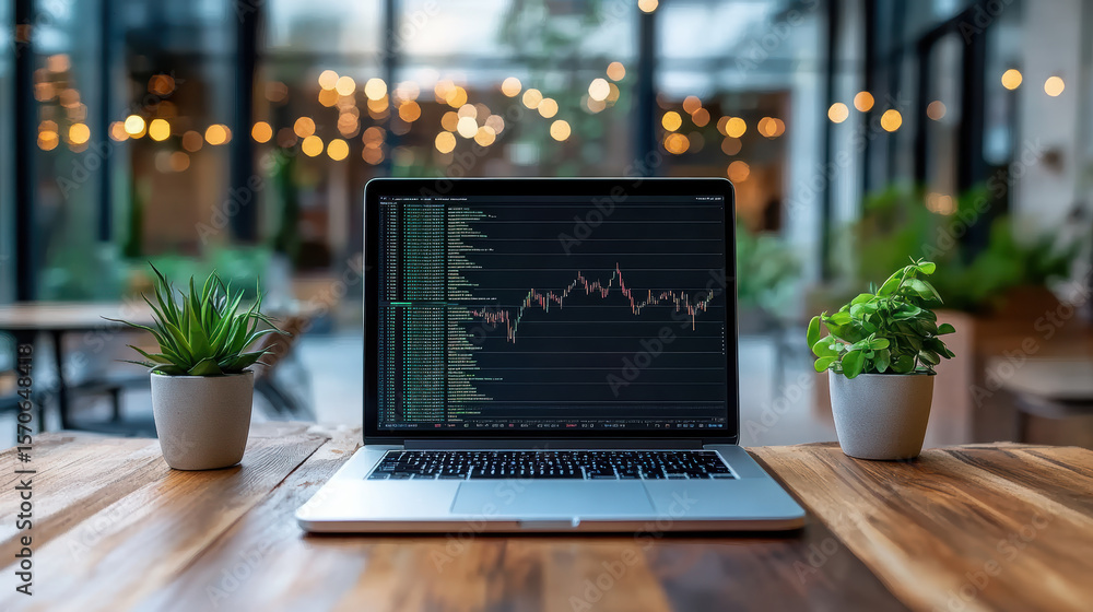 Poster laptop displaying financial data sits wooden table surrounded by plants, creating serene