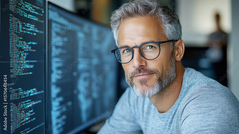 Aufkleber professional man with glasses working on computer code in modern office environment