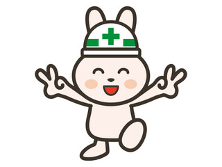 ダブルピースで大喜びの工事現場のうさぎさんのイラスト