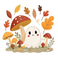 Cozy woodland scene with a cute ghost among mushrooms and autumn leaves