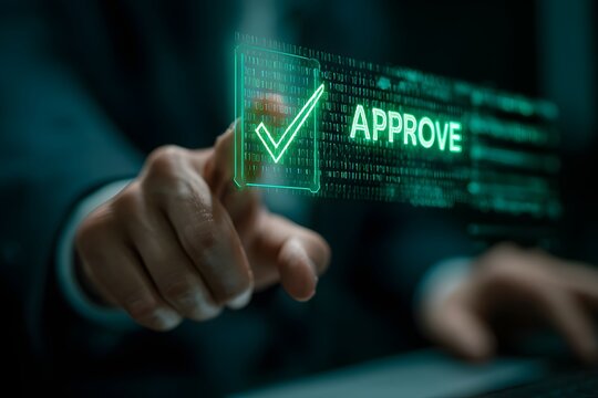 Finger pressing virtual approve button on transparent screen – digital confirmation and authorization concept