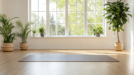 Fototapeta premium Serene light filled room features yoga mat on wooden floor, surrounded by lush green plants