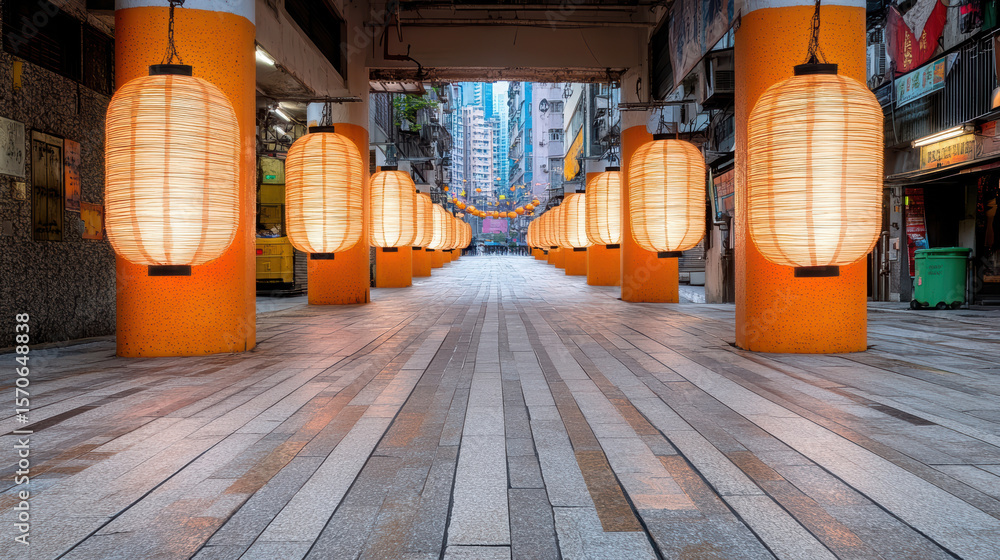 Poster illuminated alleyway lined with orange lanterns, creating warm and inviting atmosphere