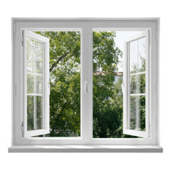 White window, open, looking out to trees