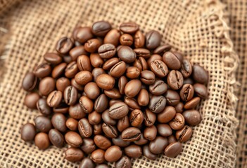 Fototapeta premium Close-up of roasted coffee beans, burlap sack background, winter, coffee farm