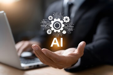 A businessman presenting artificial intelligence symbol with digital gears in hand