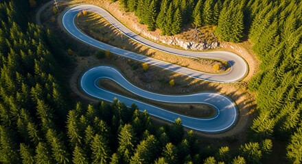 Aerial View of a Winding Road Through a Dense Forest in Autumn