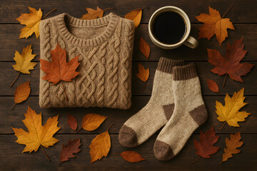 Autumn sweater with coffee socks and fall leaves on wooden background

