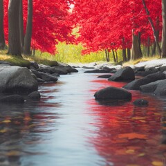 Crimson Leaves Drifting Down a Forested Creek