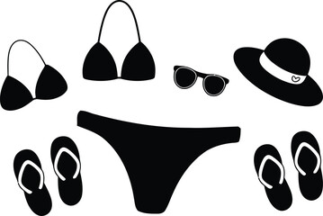 Celebrate National Bikini Day with this icon set silhouette vector of swimsuits elements isolated on white background