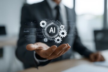 A businessman presenting artificial intelligence symbol with digital gears in hand