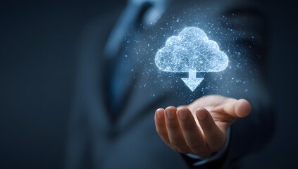A businessman presenting a glowing cloud download icon in his hand representing cloud computing and data storage