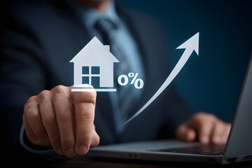 Businessman pointing at rising interest rate with house and percentage icon on virtual screen