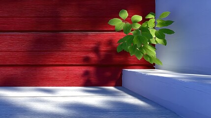 Crimson Wall With Green Plant and Sunlight Shadows