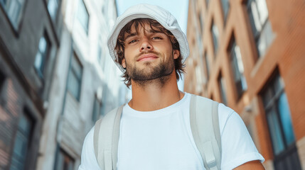 Casual street fashion man wearing bucket hat and backpack in urban setting