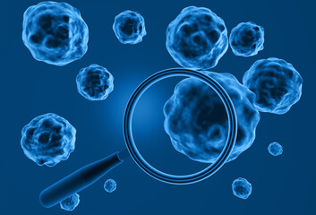 Virus under magnifying glass. 3d illustration