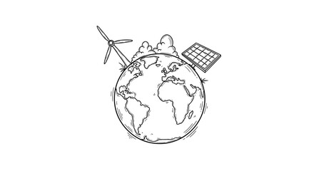 Black and White Sketch Vintage Doodle of Planet Earth with Windmill and Solar Panel, Symbol of Green Energy

