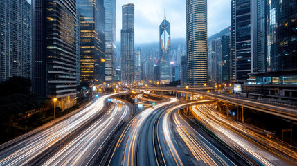 Fototapeta premium Bustling urban landscape showcases vibrant city skyline with towering skyscrapers and dynamic