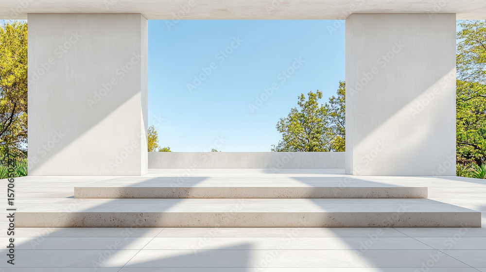 Poster minimalist architectural design features spacious white structure with geometric lines