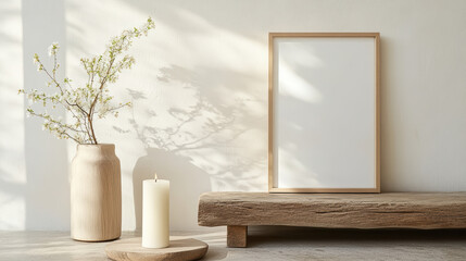 Minimalist decor with candle holder, framed art, and vase of flowers creates warm atmosphere