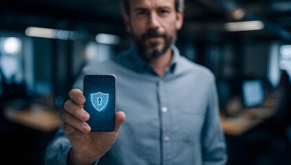A serious man holding a smartphone with a digital lock shield icon representing mobile cybersecurity and data protection