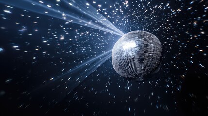 Disco ball casting dynamic light patterns, metallic reflections in a vibrant dance atmosphere